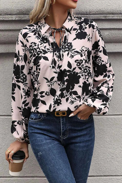 Perfee Printed Tie Neck Balloon Sleeve Blouse
