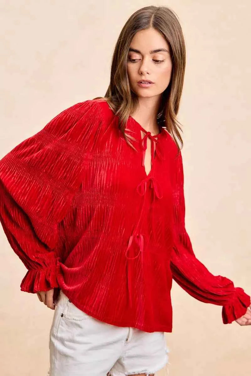 BiBi Christmas Theme Velvet Bow Tied Top With Neck Drop