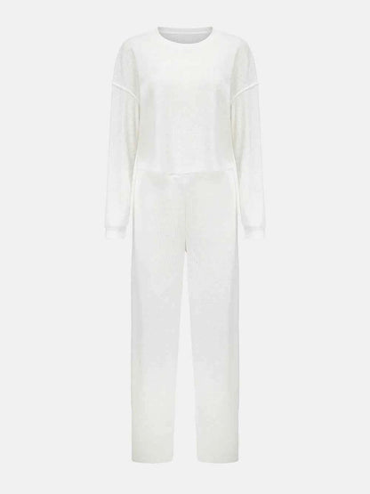 Waffle-Knit Round Neck Top and Pants Set