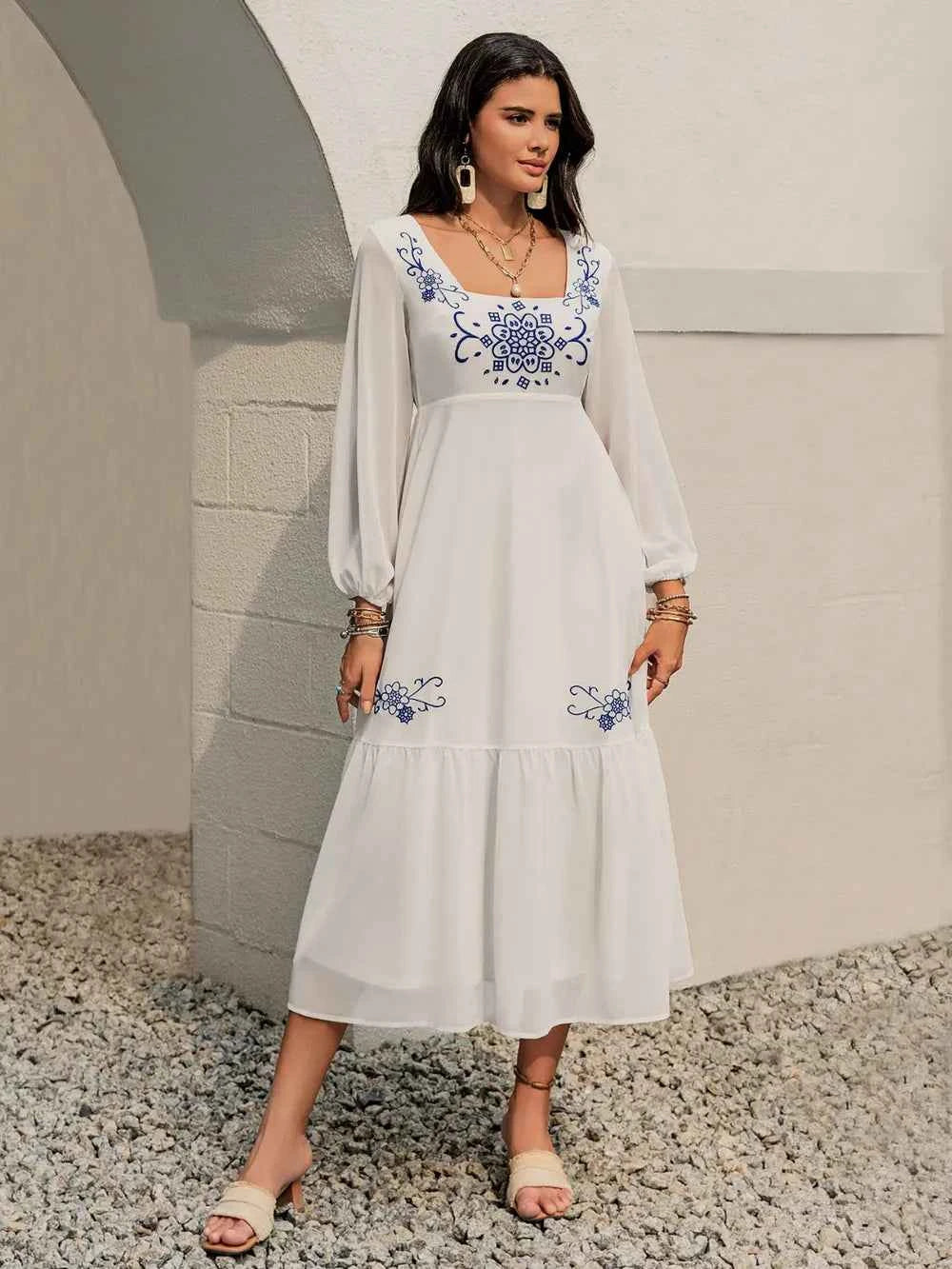 Printed Square Neck Balloon Sleeve Dress