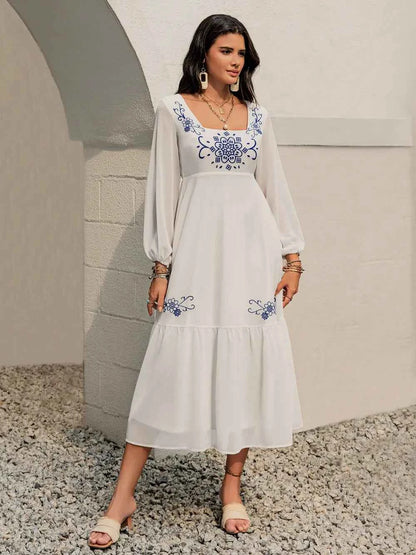 Printed Square Neck Balloon Sleeve Dress