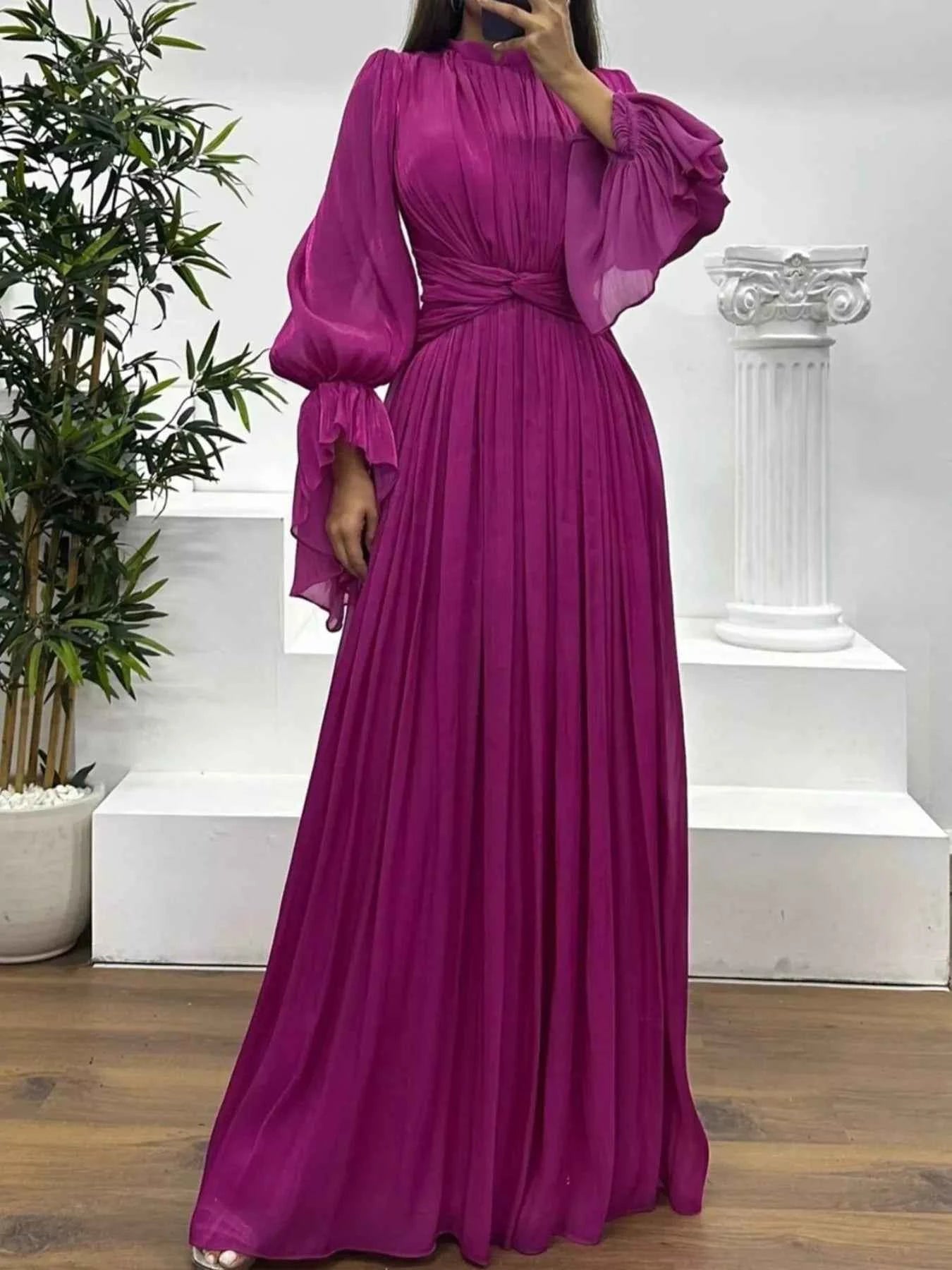 Pleated Mock Neck Long Sleeve Maxi Dress