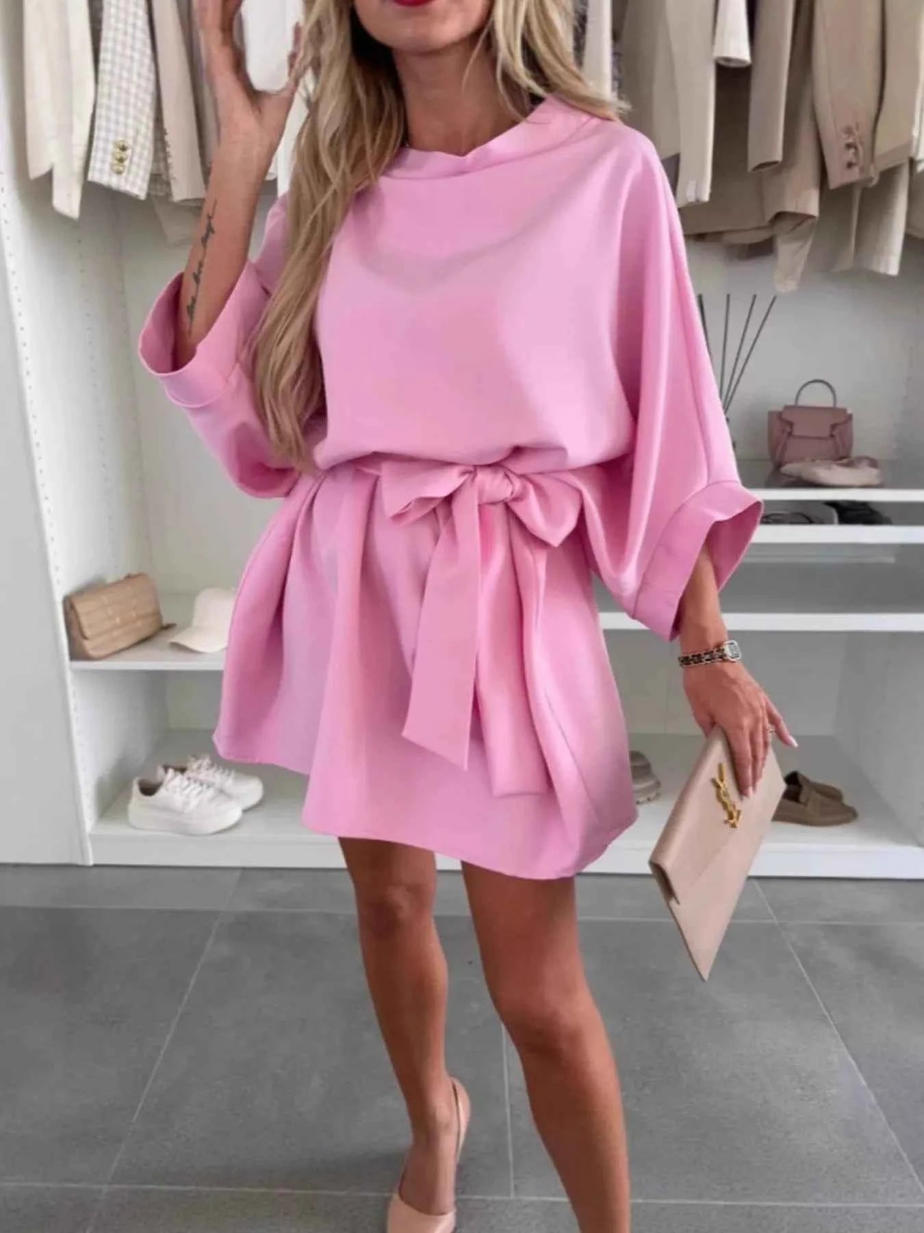 Batwing Sleeve Tie Waist Mini Dress