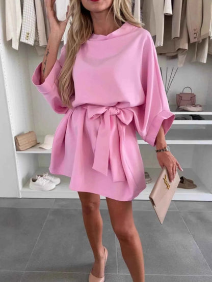 Batwing Sleeve Tie Waist Mini Dress