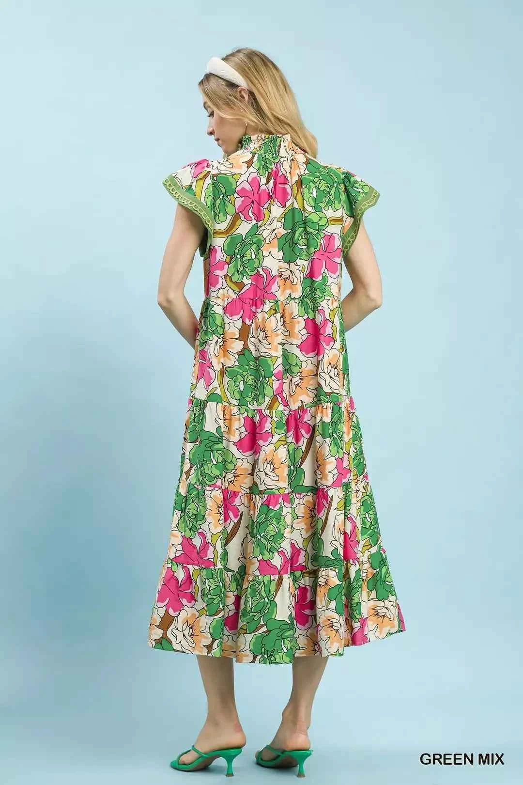 Umgee Mix Bold Floral Tiered Midi Dress