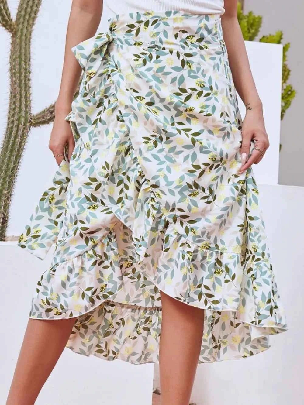 Printed Ruffled Midi Skirt