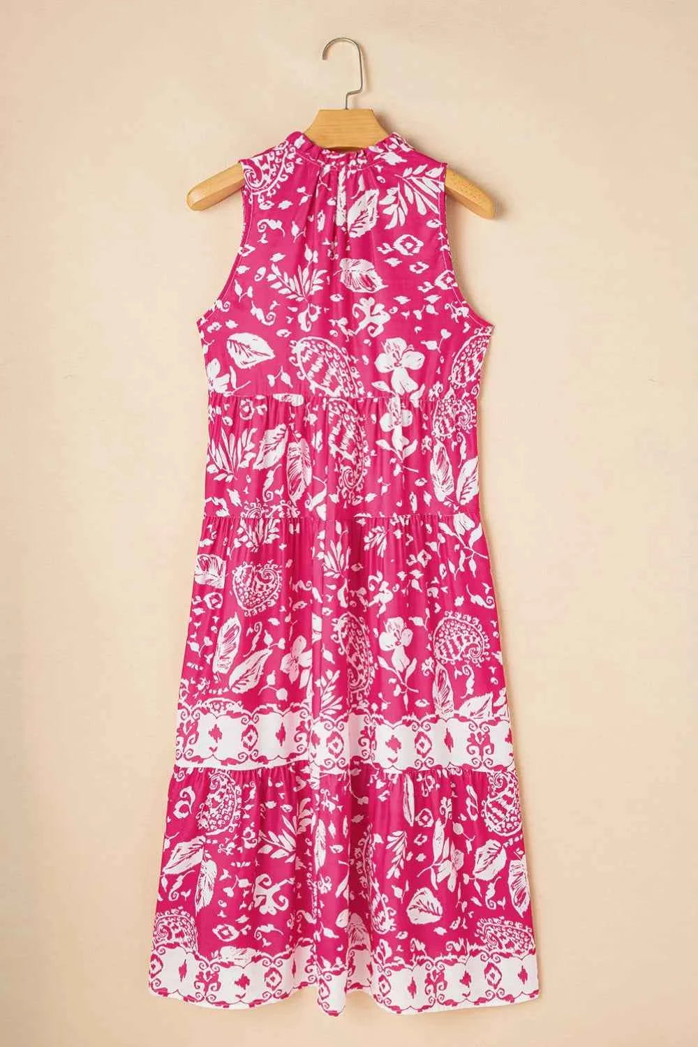 Floral Sleeveless Tasseled Tie Neck Tiered Midi Dress
