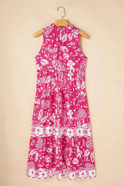 Floral Sleeveless Tasseled Tie Neck Tiered Midi Dress