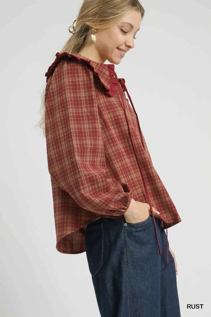 Umgee Full Size Plaid Ruffle Collar Blouse Plus Size