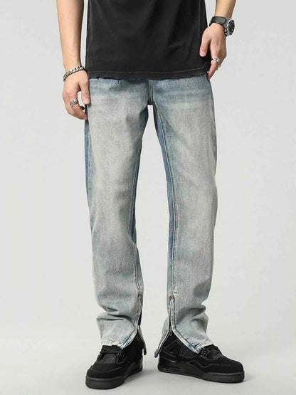 Men's Zip Detail Washed Straight Leg Jeans