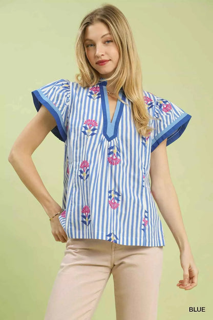 Umgee Embroidered Striped Flutter Sleeve Top