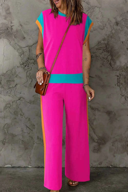 Contrast Round Neck Top and Pants Set