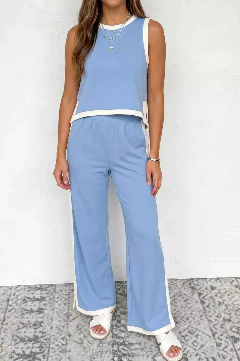 Colorblock Trim Cropped Tank Elastic Waist Shift Pants 2pcs Set