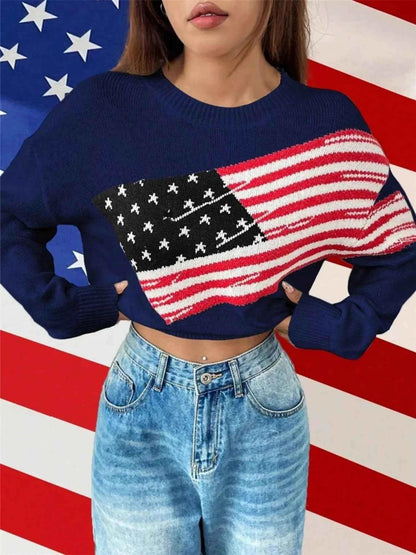 US Flag Round Neck Long Sleeve Sweater