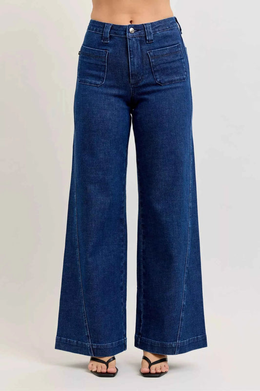 Judy Blue High-Waisted Retro Wide Jeans with Patch Pkts & Twisted Seams