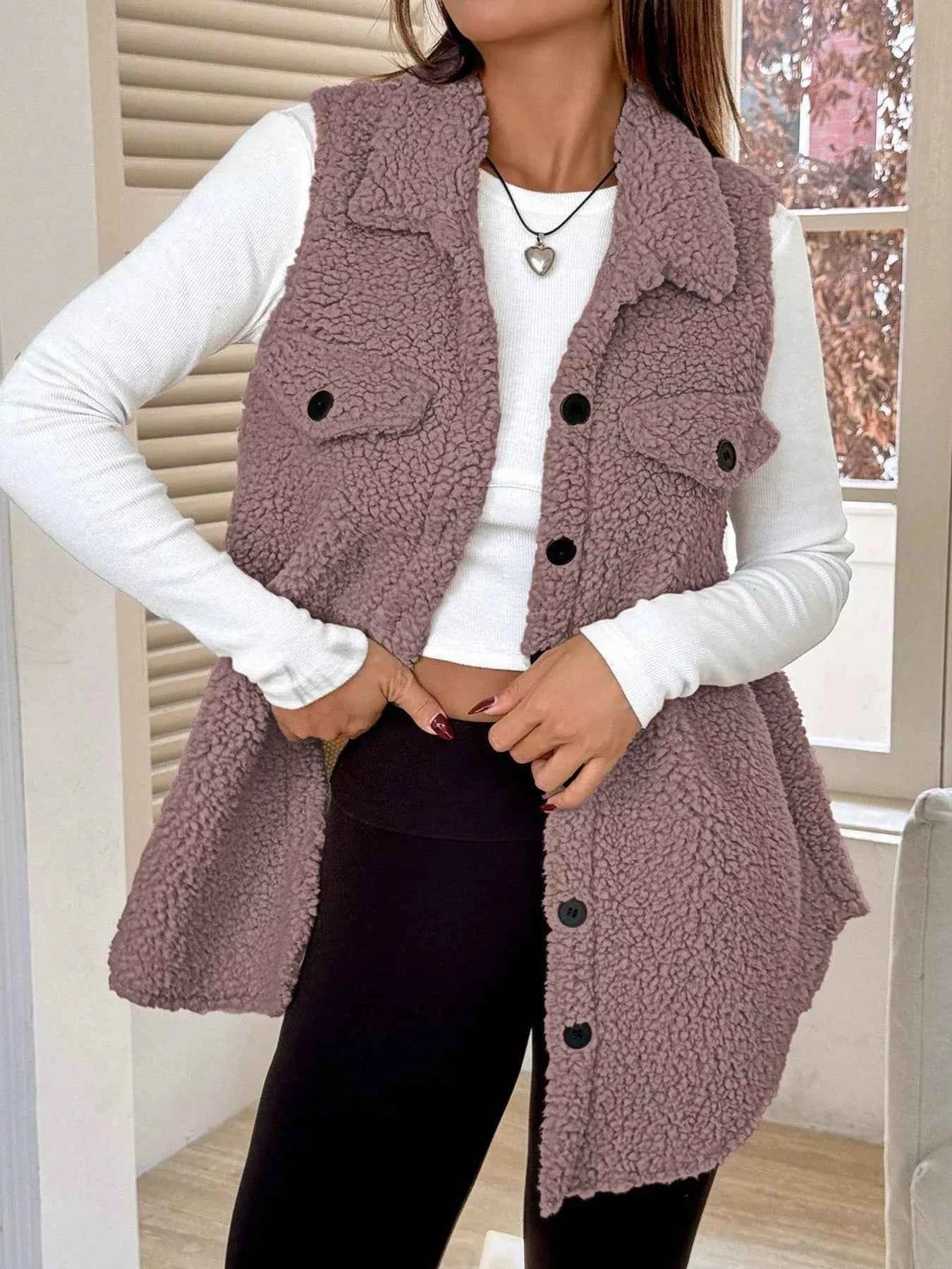 Button-Down Sherpa Fleece Vest Coat
