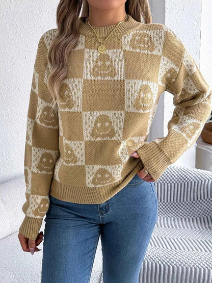Halloween Ghost Pattern Checkered Round Neck Sweater