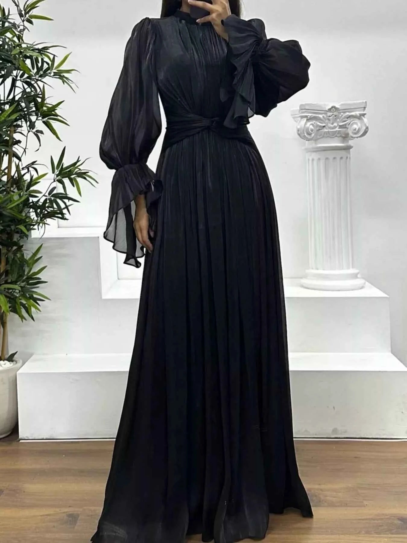 Pleated Mock Neck Long Sleeve Maxi Dress