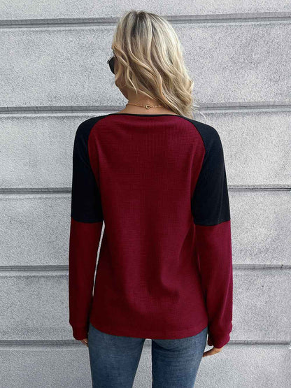 Ivy Lane Contrast Buttoned Round Neck Raglan Sleeve Top