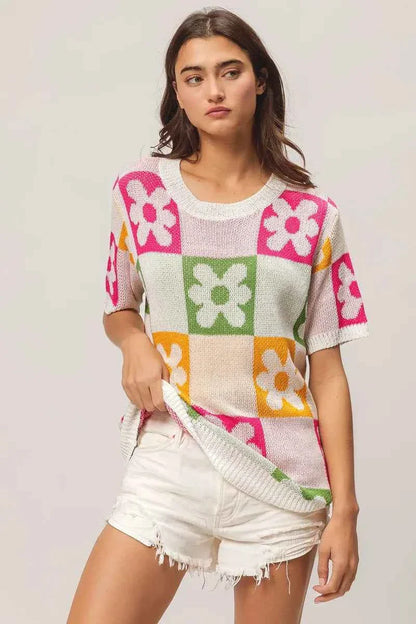 BiBi Flower Checker Pattern Lightweight Sweater Top