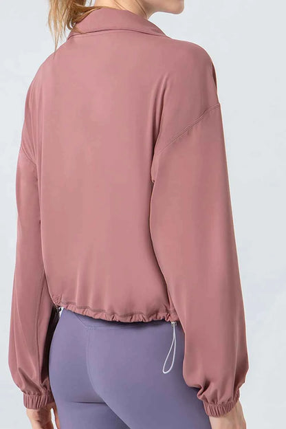 Drawstring Zip Up Dropped Shoulder Active Outerwear