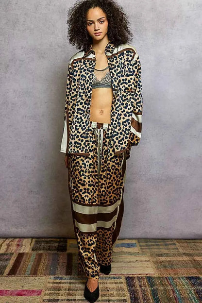 POL Leopard Printed Woven Wide Leg Drawstring Pants