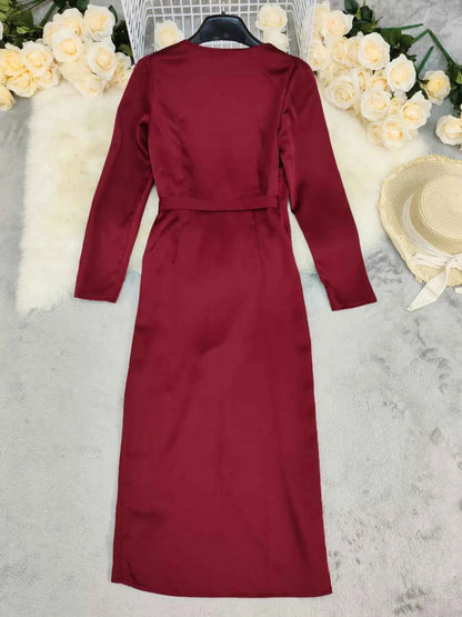 Surplice Satin Long Sleeve Dress