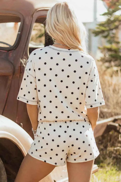 Exposed Seam Detail Polka Dot Loose Tee Drawstring Shorts Set