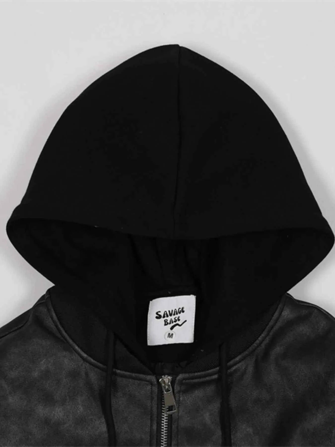 Men's Drawstring Washed Zip Up Hooded Jacket