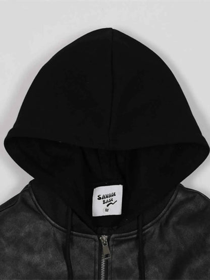 Men's Drawstring Washed Zip Up Hooded Jacket