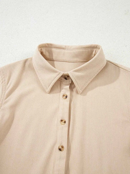 Corduroy Half Button Collared Long Sleeve Mini Dress