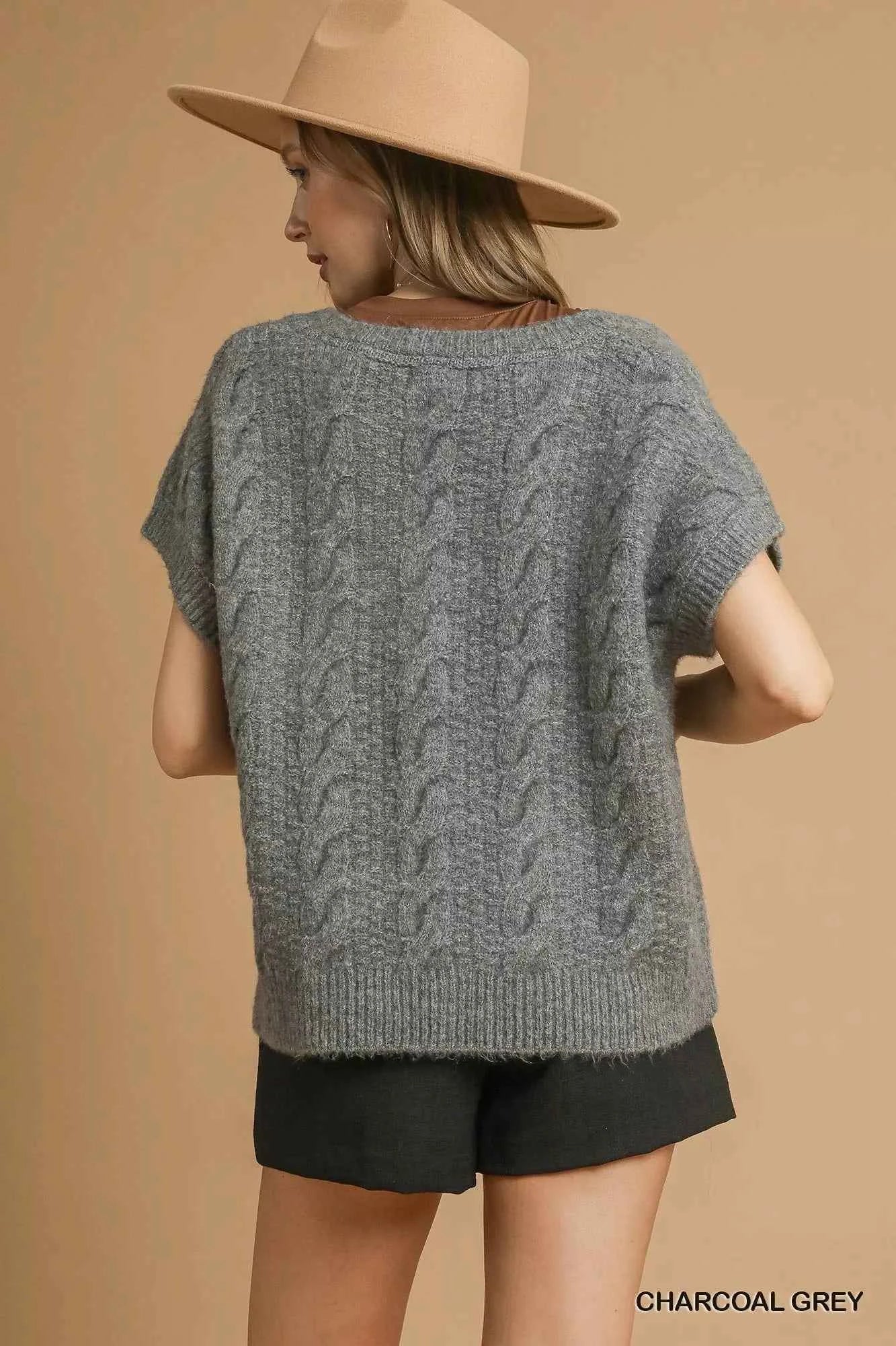 Umgee Cable-Knit V-Neck Sweater