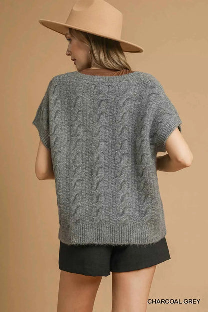 Umgee Cable-Knit V-Neck Sweater