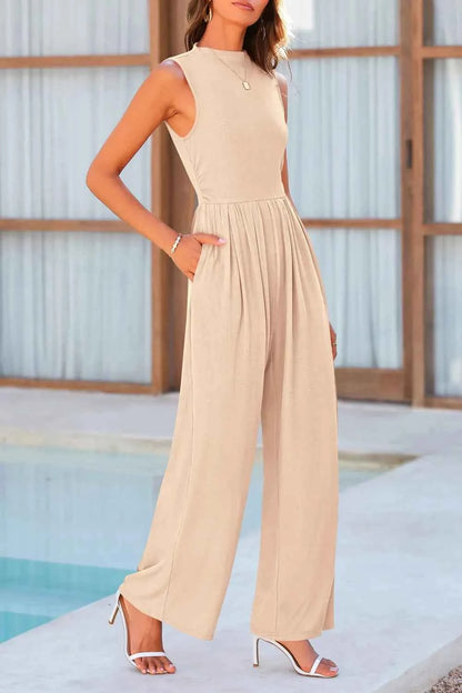 Mock Neck Sleeveless Wide Leg Jumpsuit
