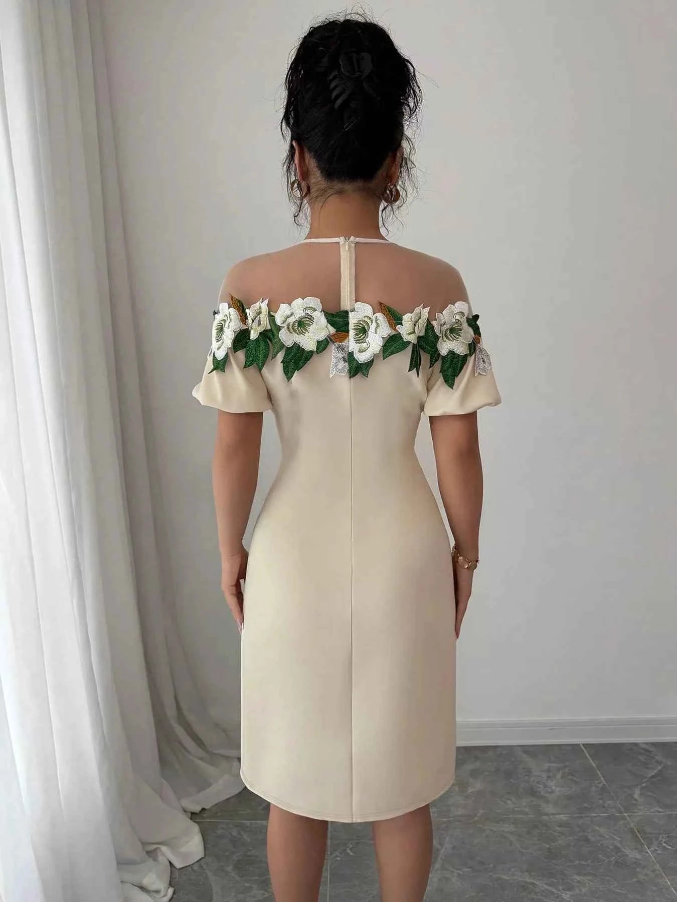 Floral Embroidered Puff Sleeve Dress with Mesh Shoulder