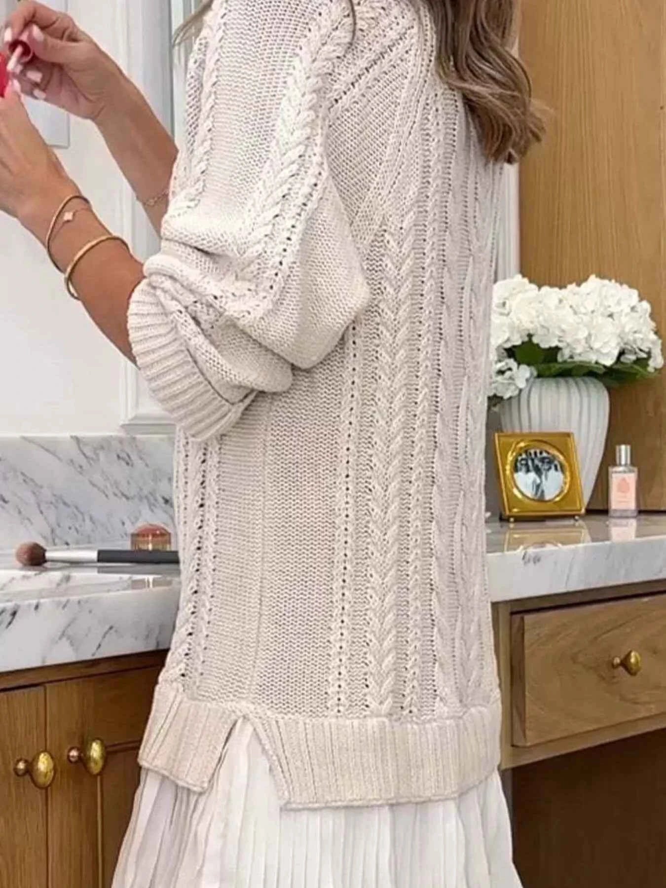 Full Size Cable Knit Pleated Hem Sweater Dress Plus Size