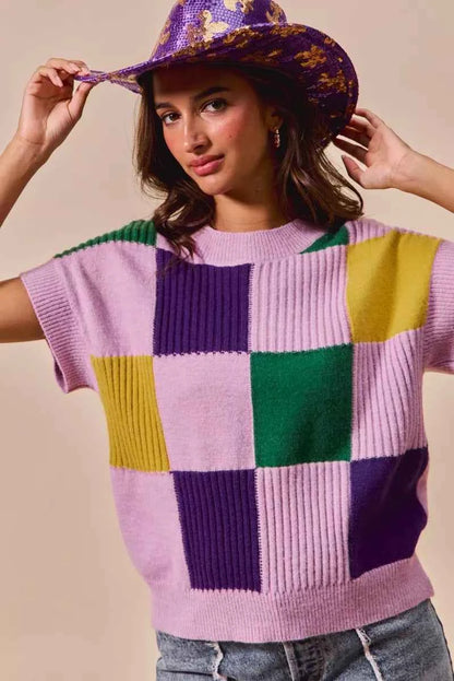 SO ME Mardi Gras Check Plaid Casual Sweater Top