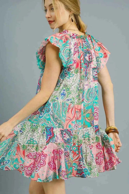 Umgee Printed Ruffle Cap Sleeve Mini Dress