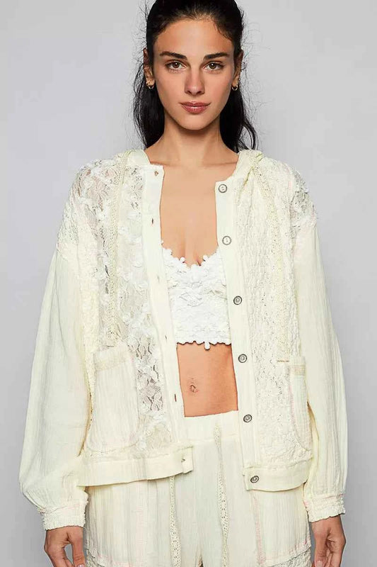 POL Exposed Seam Button Down Hooded Jacket with Lace Detail