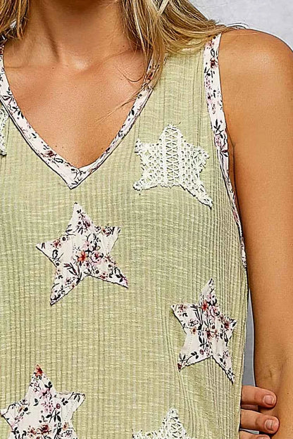 POL Floral Print Star Patch V-Neck Ribbed Tank