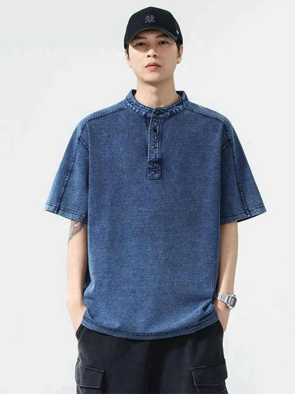 Men's Plus Size Button Detail Short Sleeve Denim Top