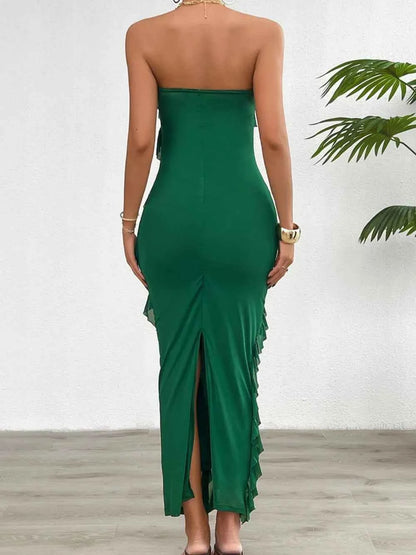 Ruffled Slit Back Tube Maxi Dress