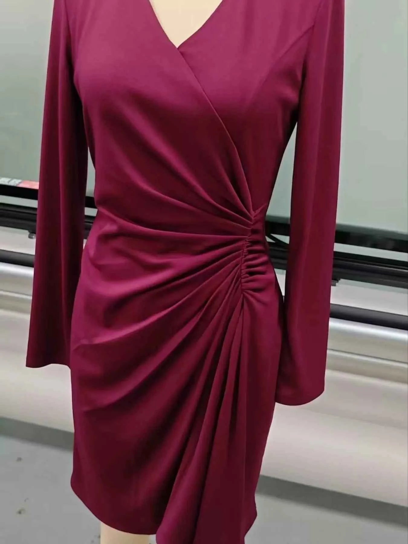 Front Ruched V-Neck Long Sleeve Dress