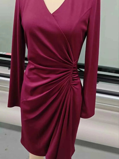 Front Ruched V-Neck Long Sleeve Dress