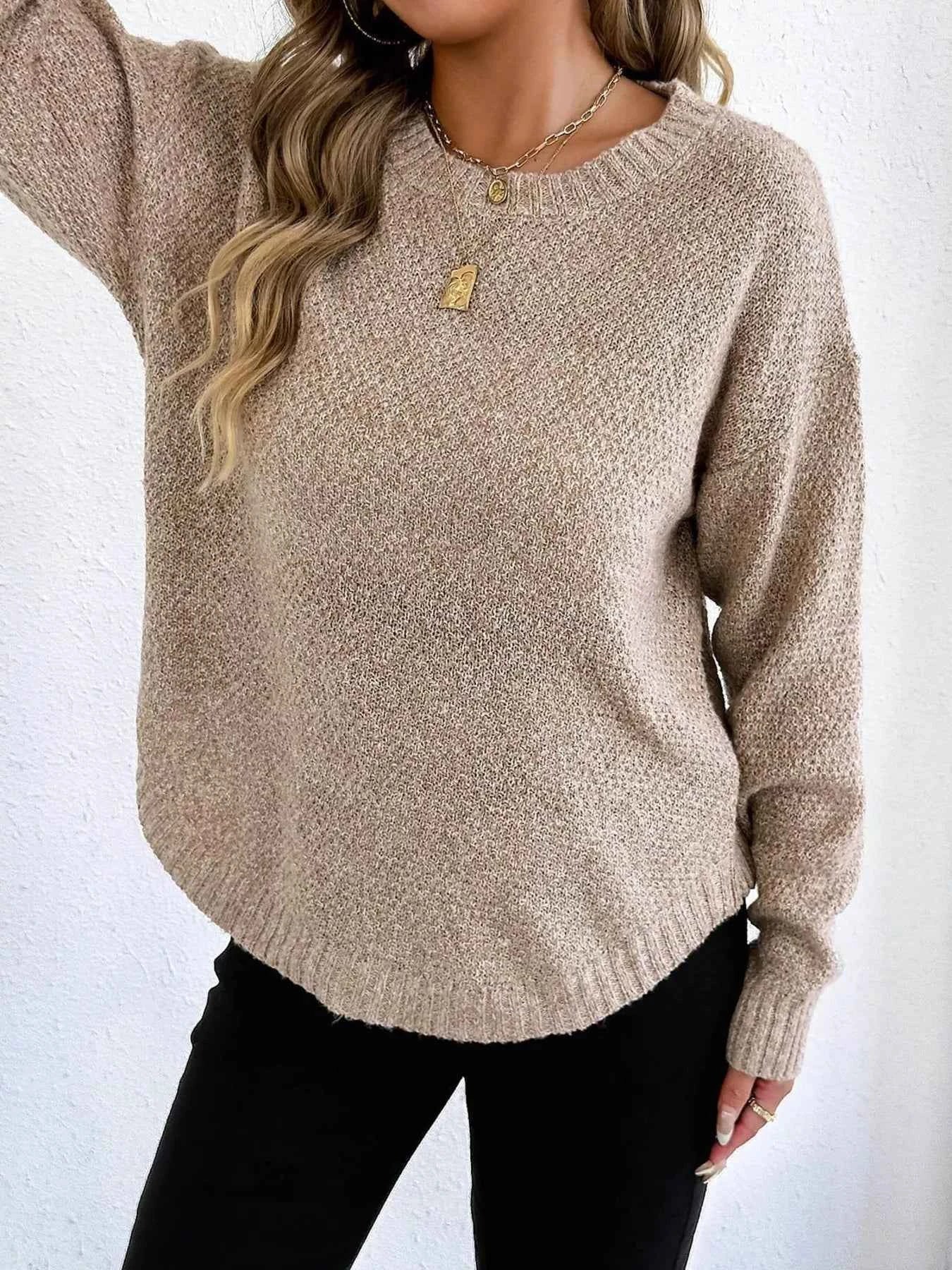 Textured Knit Relaxed Fit Round Neck Sweater