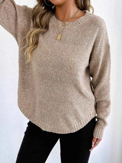Textured Knit Relaxed Fit Round Neck Sweater