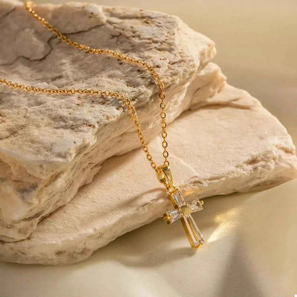 18K Gold-Plated Stainless Steel Zircon Cross Necklace