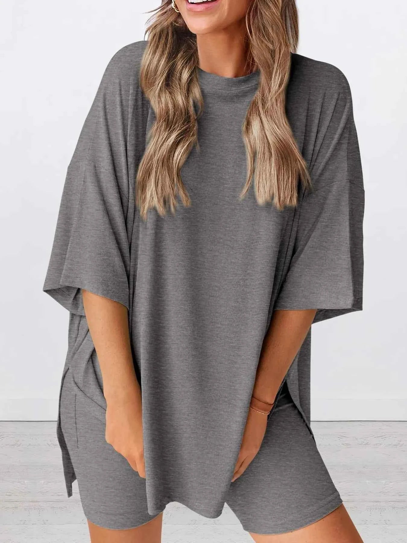 Full Size Oversized Round Neck Top and Shorts Set Plus Size
