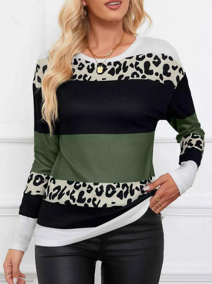 Leopard Color Block Striped Knit Top