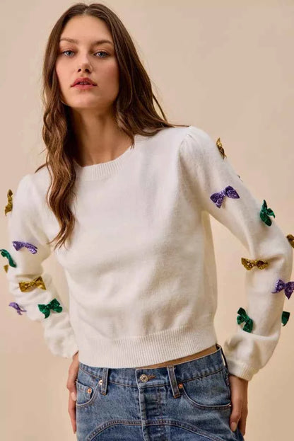 SO ME Mardi Gras Glitter Bow Ribbon Sweater Knit Top